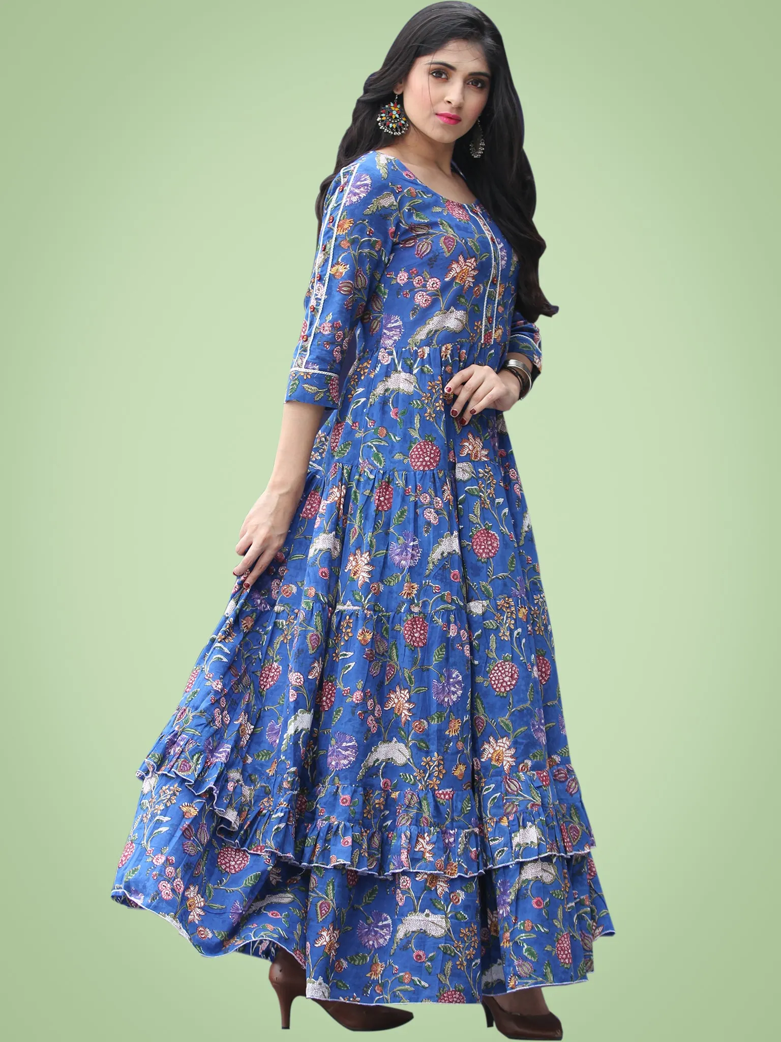 Gulzar Raabia - Royal Blue Green Red Hand Block Printed Long Ruffle Dress - D399F2181