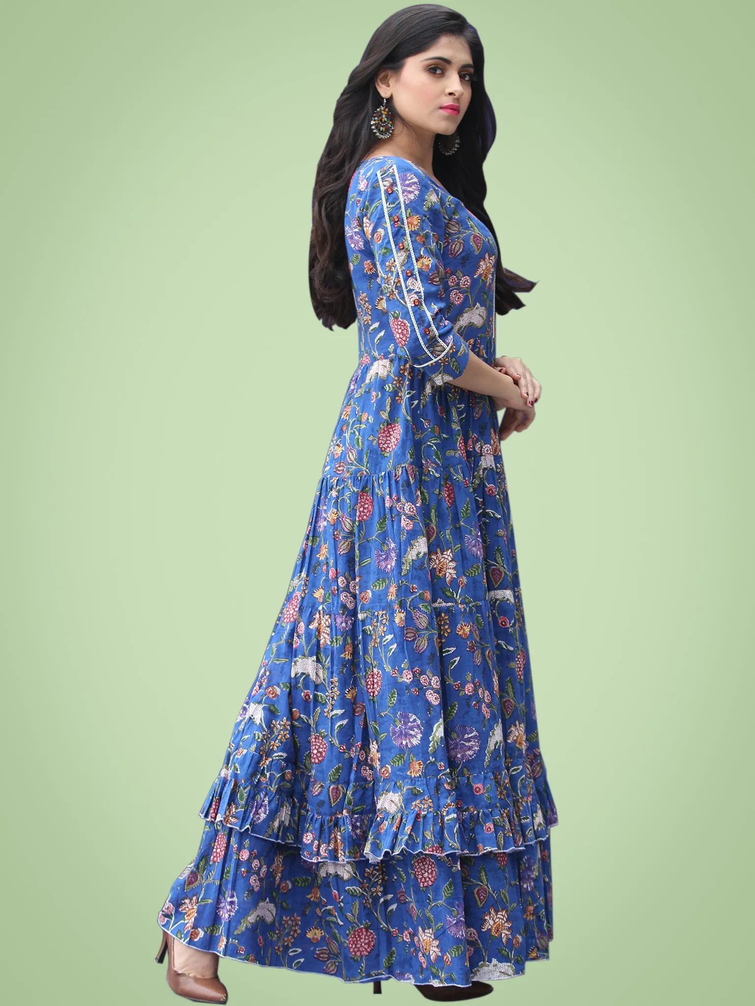 Gulzar Raabia - Royal Blue Green Red Hand Block Printed Long Ruffle Dress - D399F2181