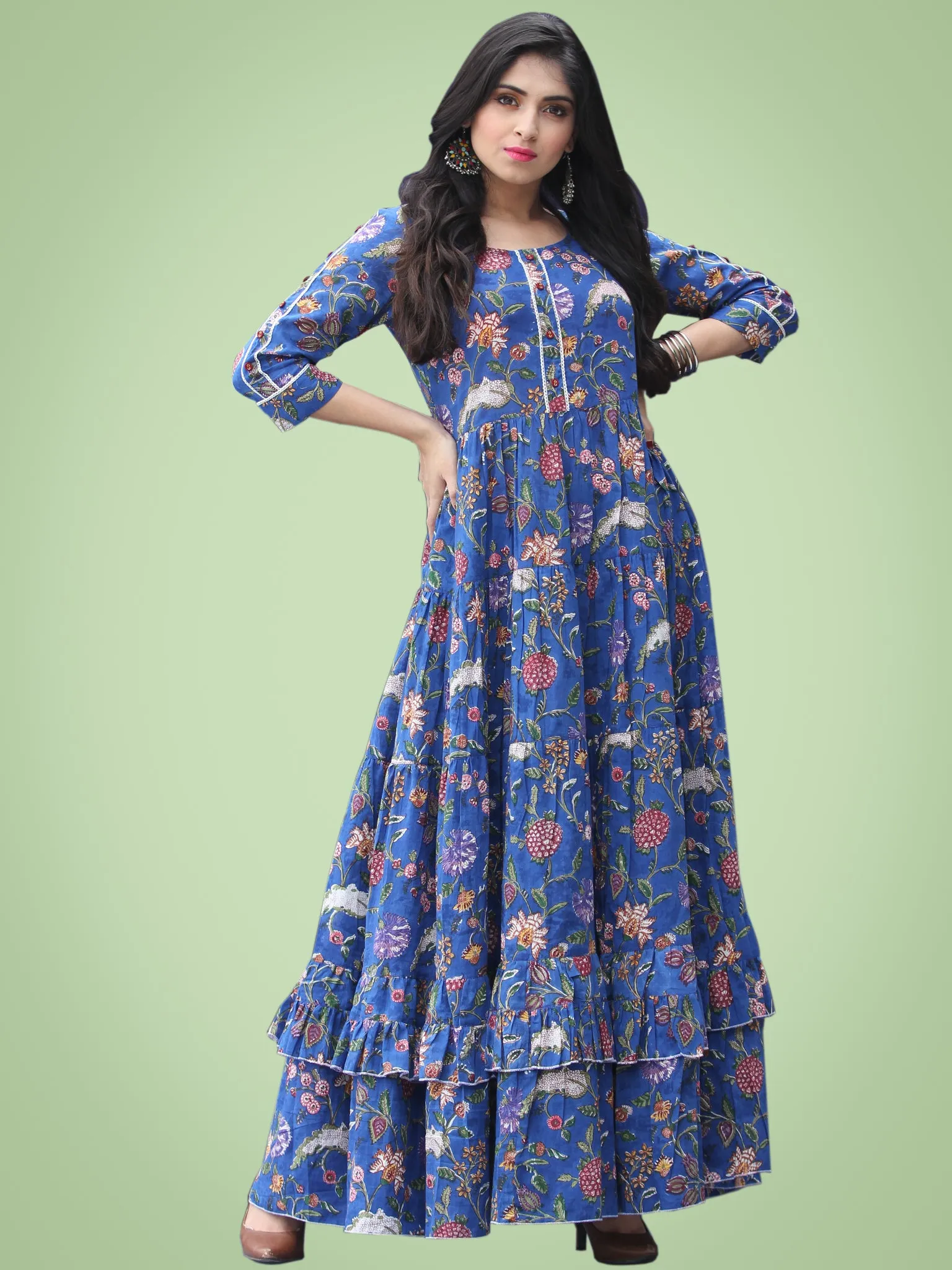 Gulzar Raabia - Royal Blue Green Red Hand Block Printed Long Ruffle Dress - D399F2181