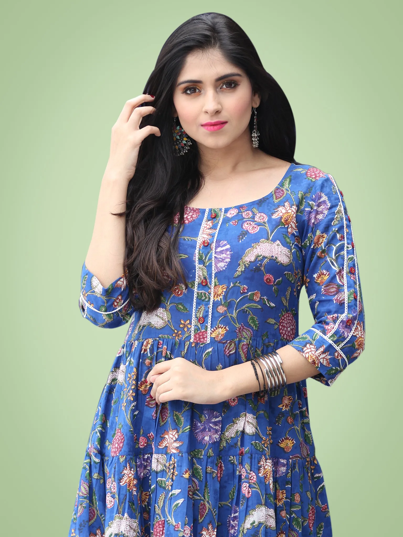 Gulzar Raabia - Royal Blue Green Red Hand Block Printed Long Ruffle Dress - D399F2181