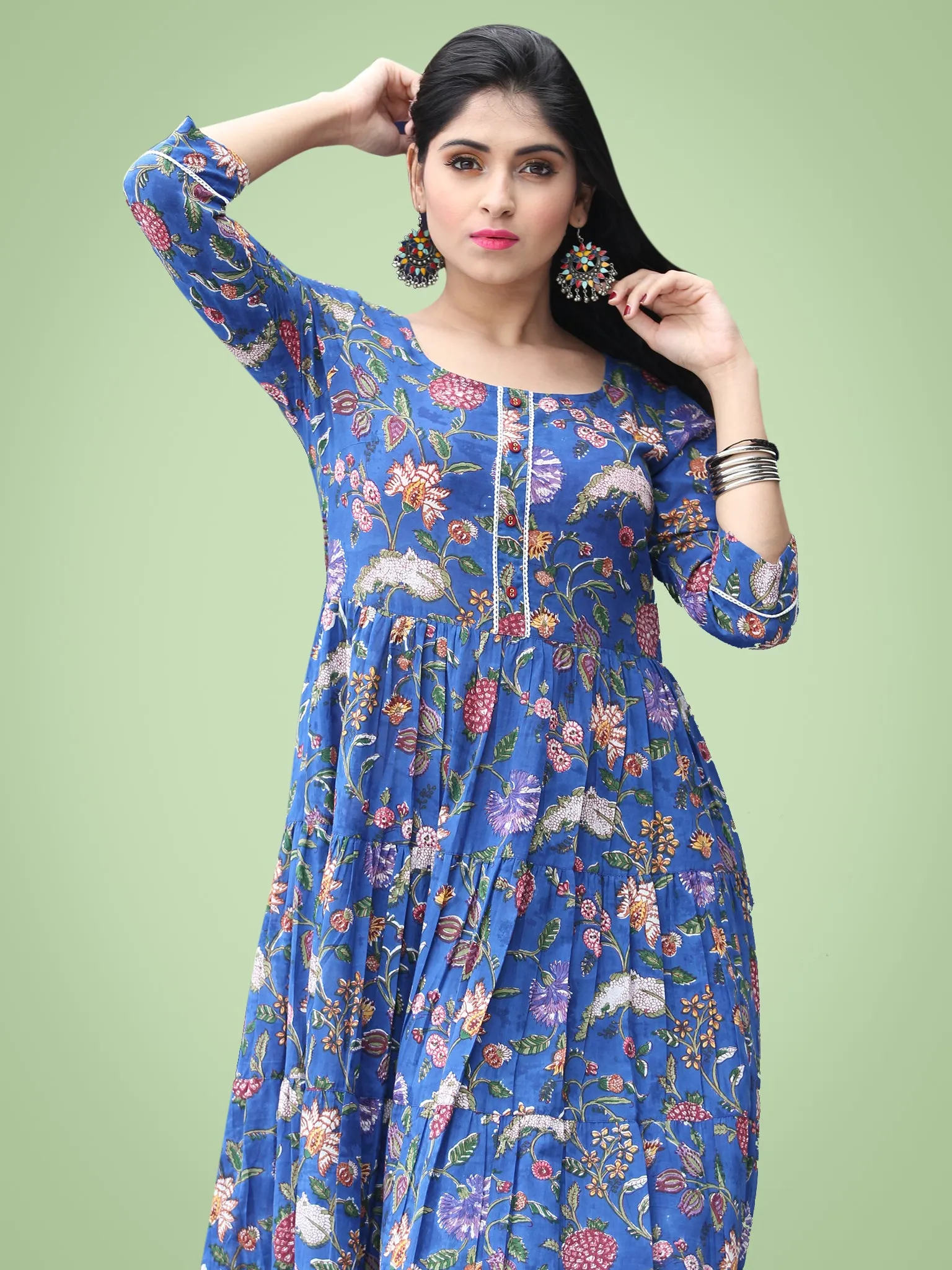 Gulzar Raabia - Royal Blue Green Red Hand Block Printed Long Ruffle Dress - D399F2181