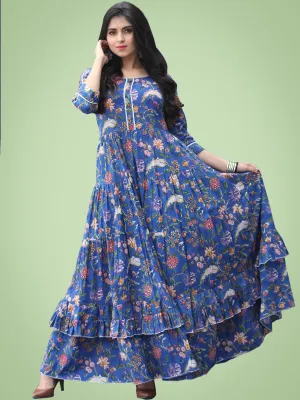 Gulzar Raabia - Royal Blue Green Red Hand Block Printed Long Ruffle Dress - D399F2181