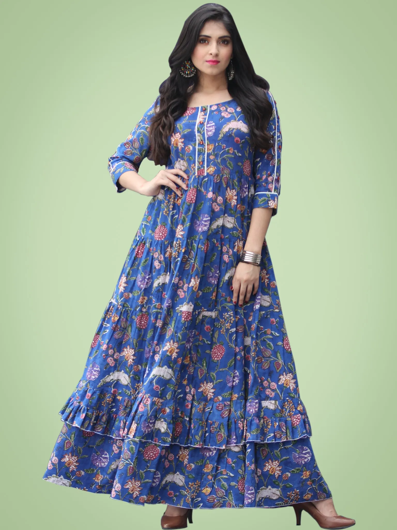 Gulzar Raabia - Royal Blue Green Red Hand Block Printed Long Ruffle Dress - D399F2181