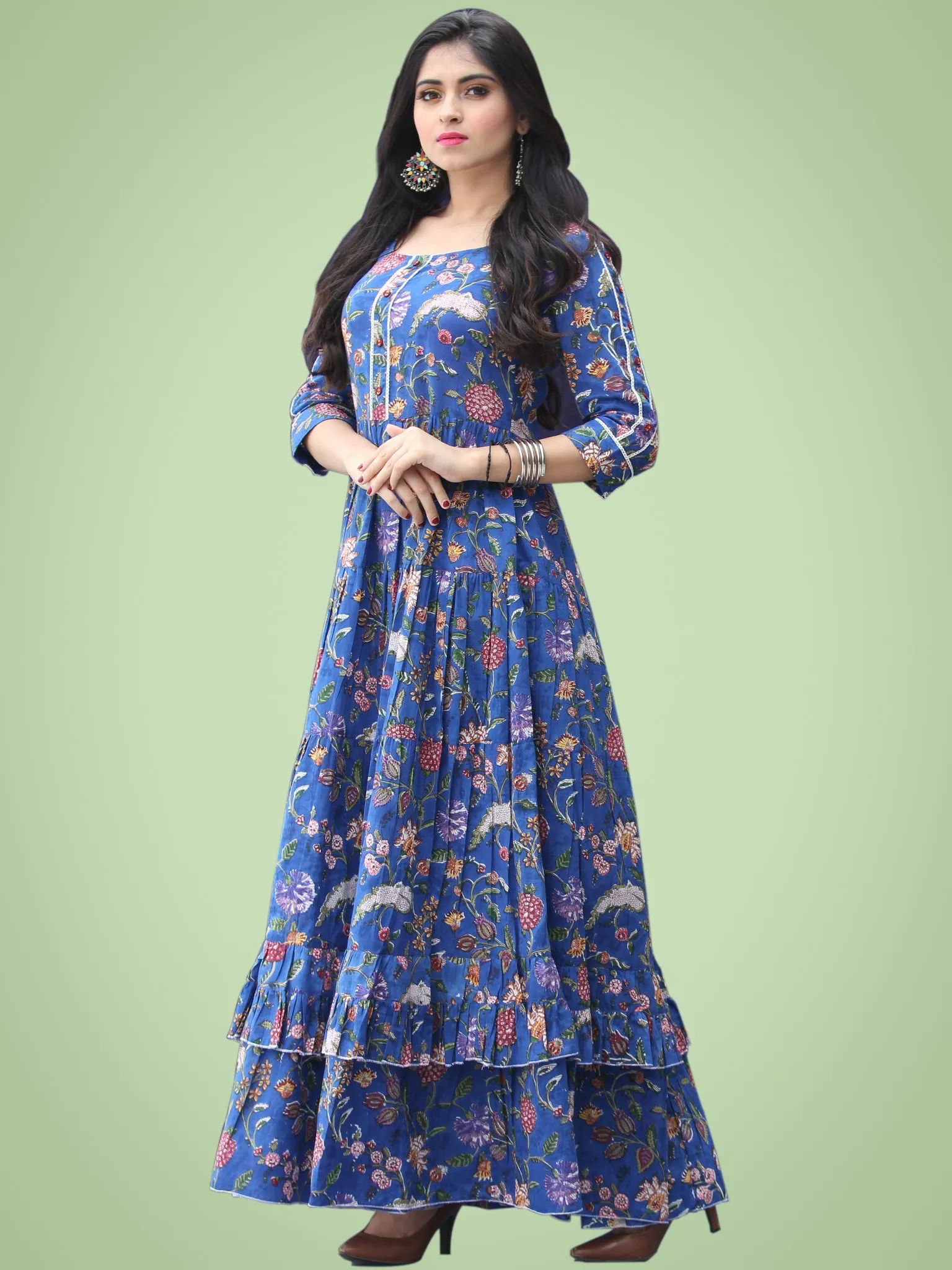 Gulzar Raabia - Royal Blue Green Red Hand Block Printed Long Ruffle Dress - D399F2181