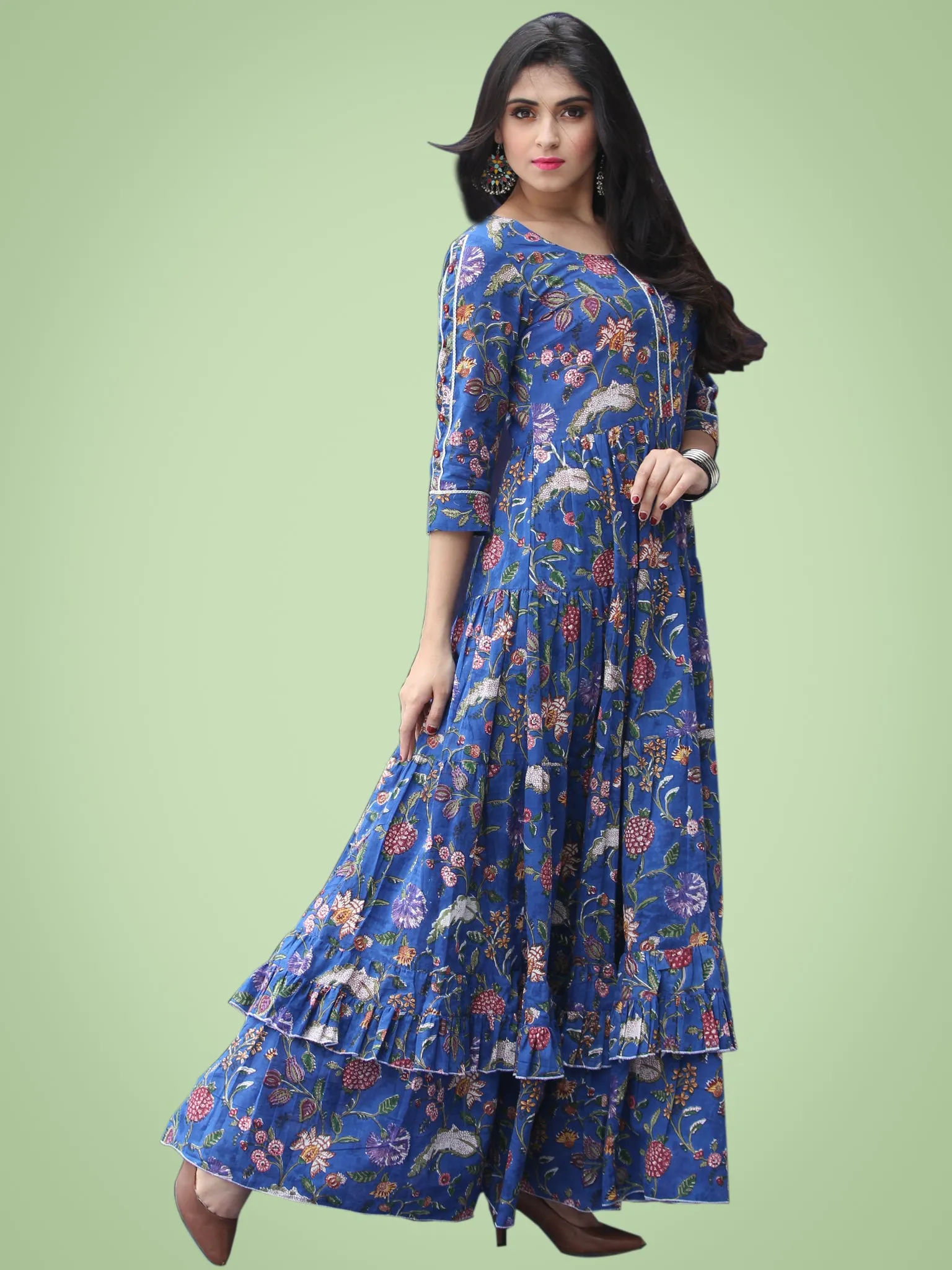 Gulzar Raabia - Royal Blue Green Red Hand Block Printed Long Ruffle Dress - D399F2181