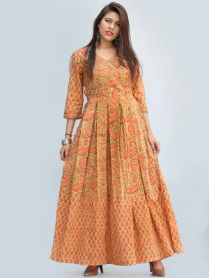 Gulzar Sahat - Hand Block Printed Pleated Long Angrakha Dress - D427F2272