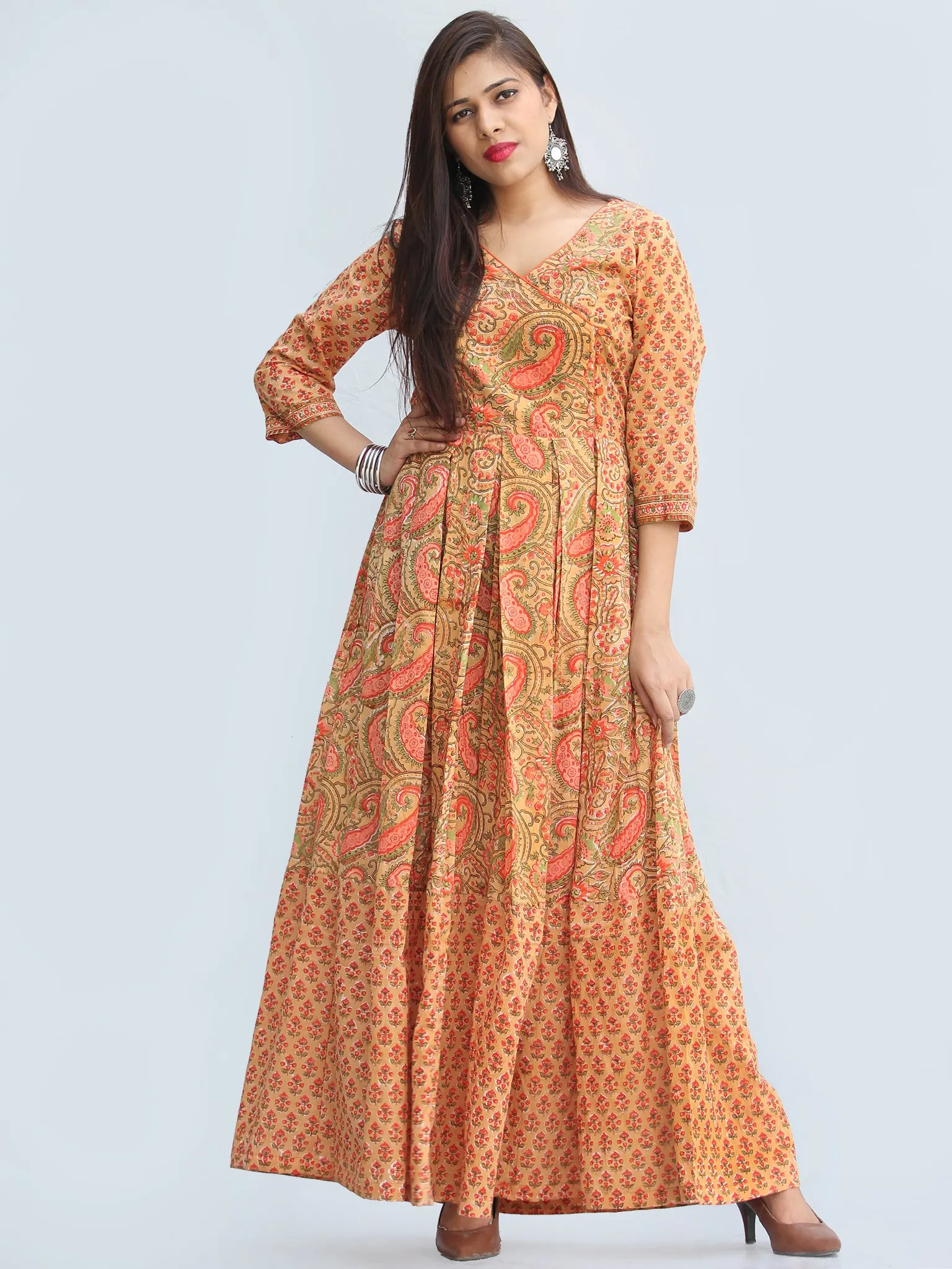 Gulzar Sahat - Hand Block Printed Pleated Long Angrakha Dress - D427F2272