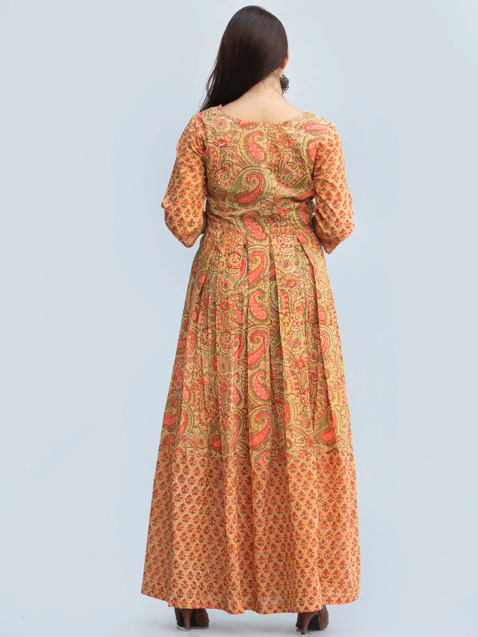 Gulzar Sahat - Hand Block Printed Pleated Long Angrakha Dress - D427F2272