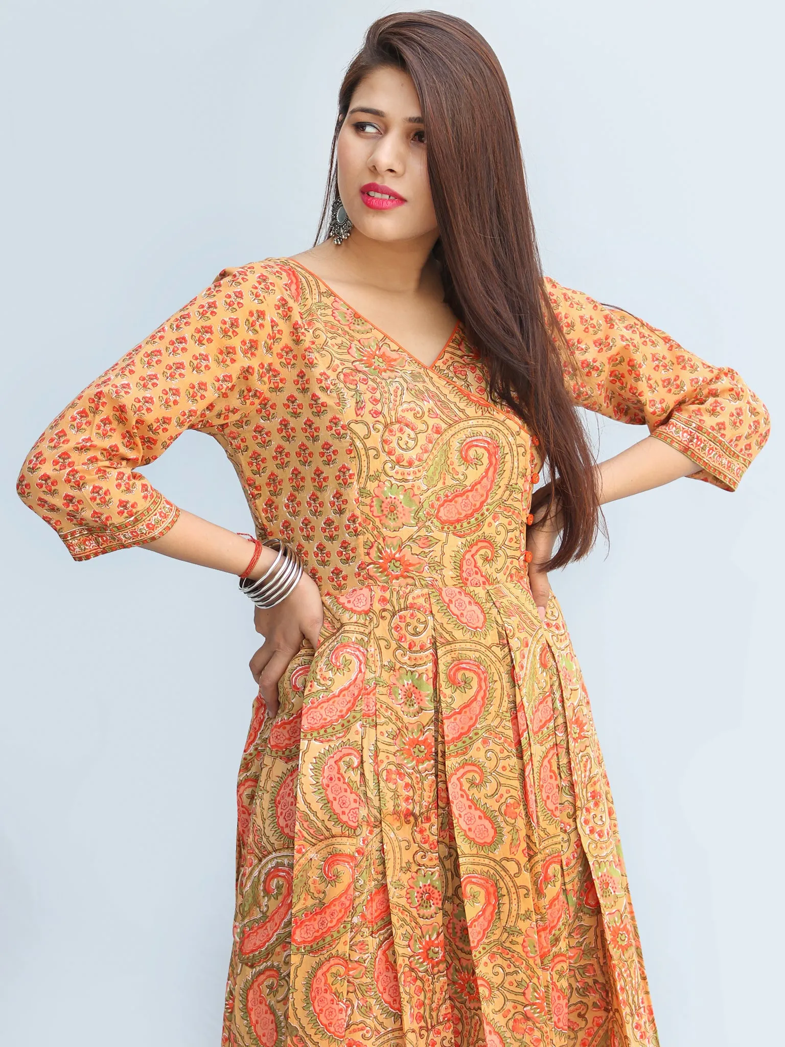 Gulzar Sahat - Hand Block Printed Pleated Long Angrakha Dress - D427F2272