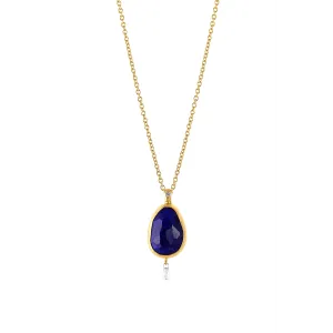 Gurhan One of a Kind 24K Yellow Gold Bezel Lapis and Diamond Dangle Pendant with 18K Bail and 22K Chain