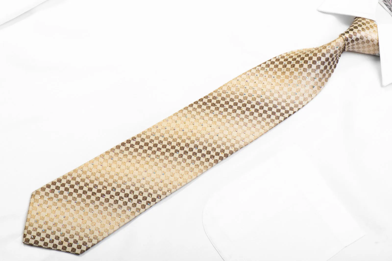 Guy Laroche Rhinestone Silk Necktie Beige With Sparkles