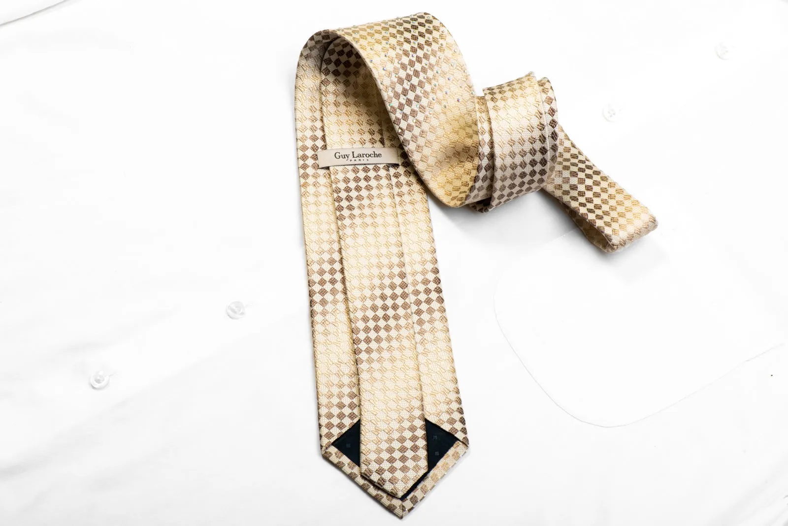 Guy Laroche Rhinestone Silk Necktie Beige With Sparkles