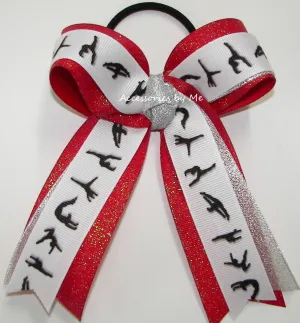 Gymnastics Silver Red Glitter Ponytail Bow