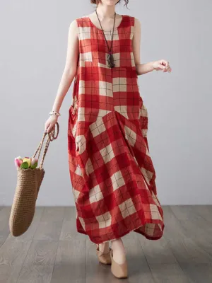 H-line Loose Retro Style Plaid Print Cotton Dress