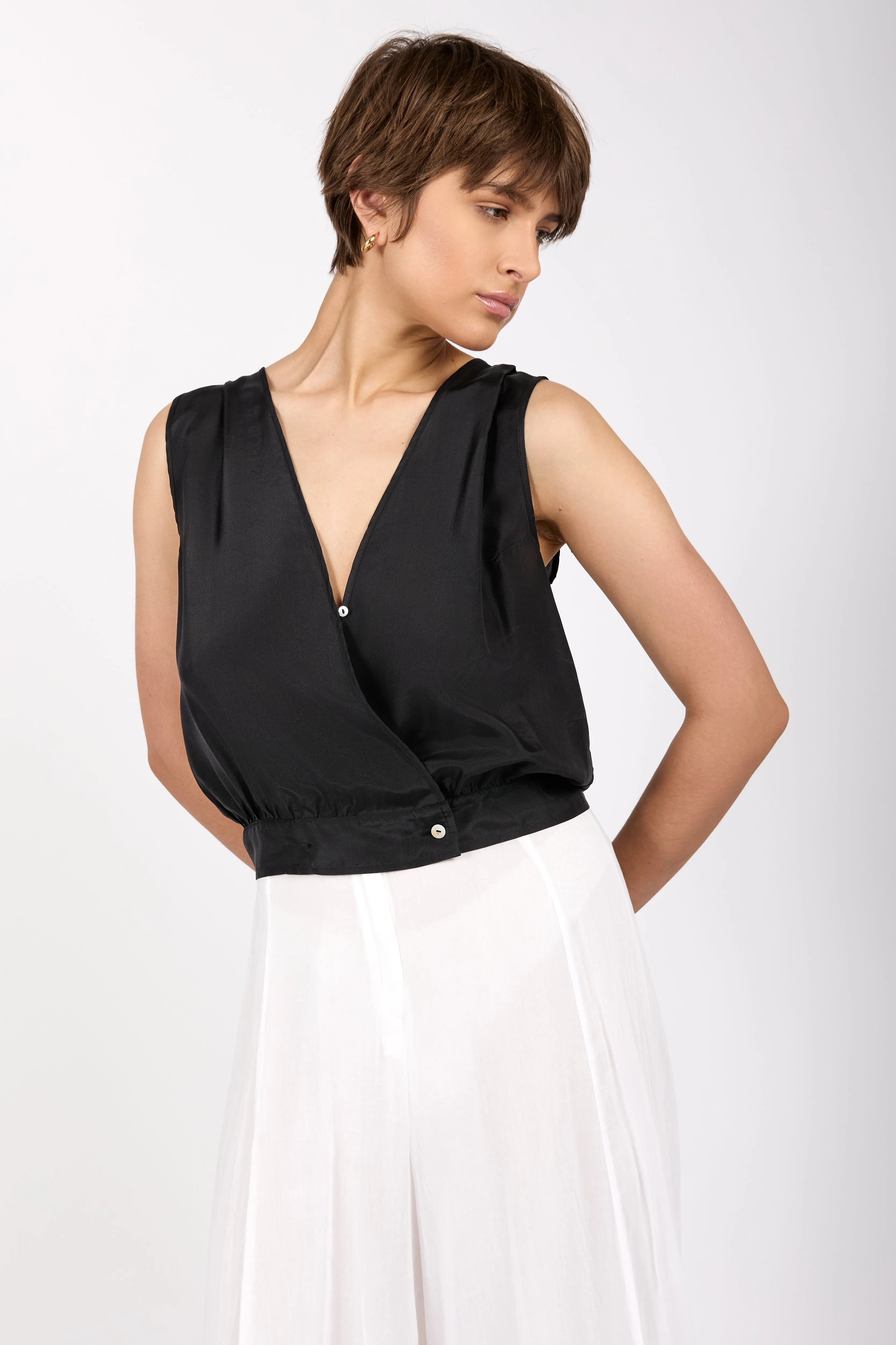 Habotai Silk Wrapover Top in Nero