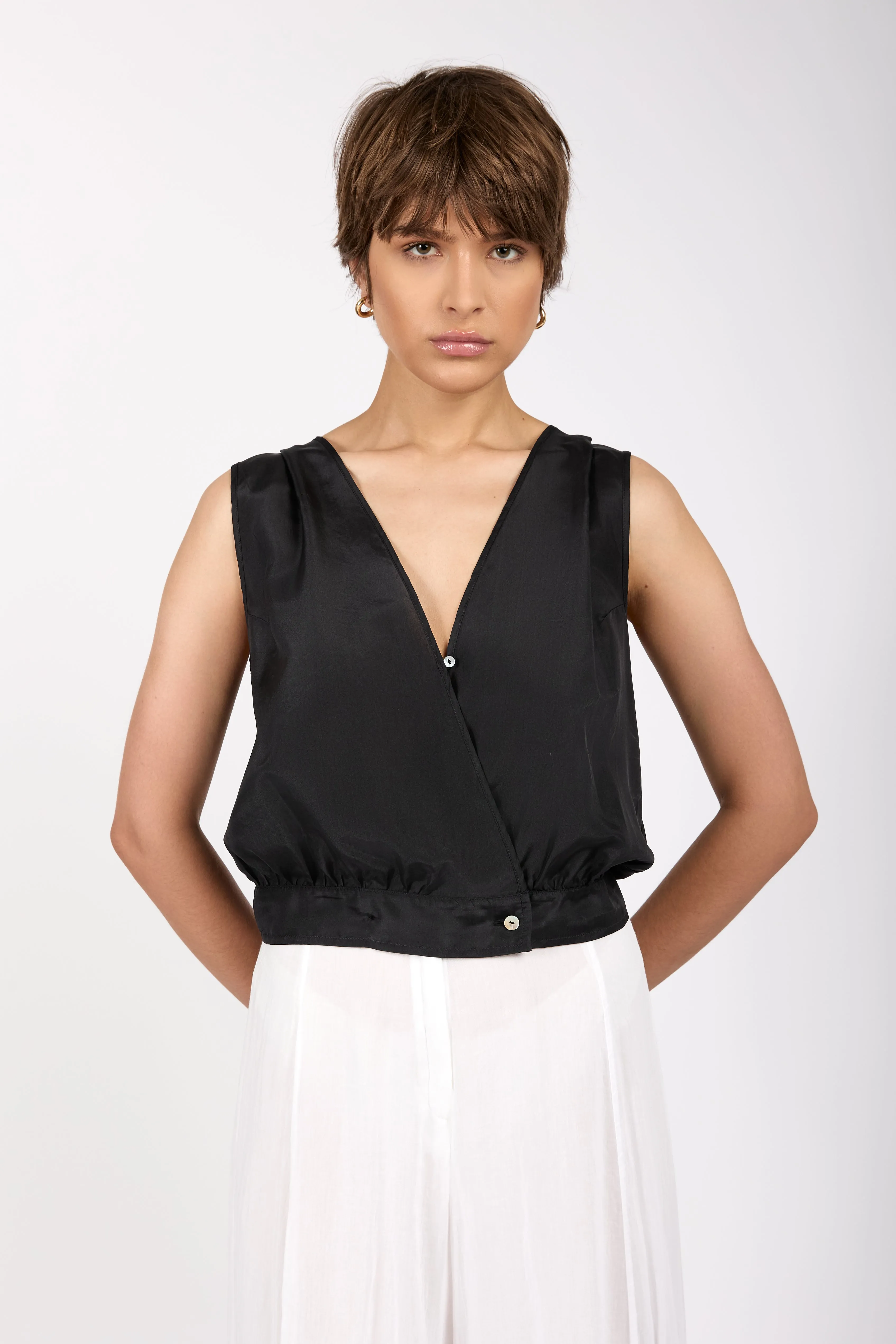 Habotai Silk Wrapover Top in Nero