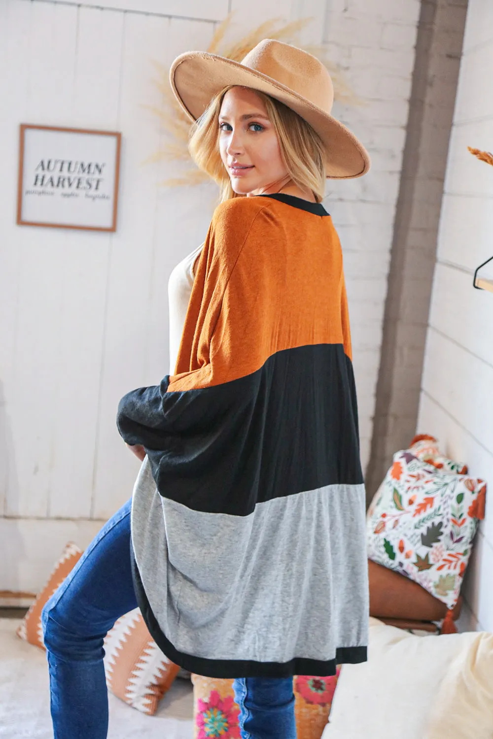 Hacci Color Block Dolman Sleeve Open Cardigan