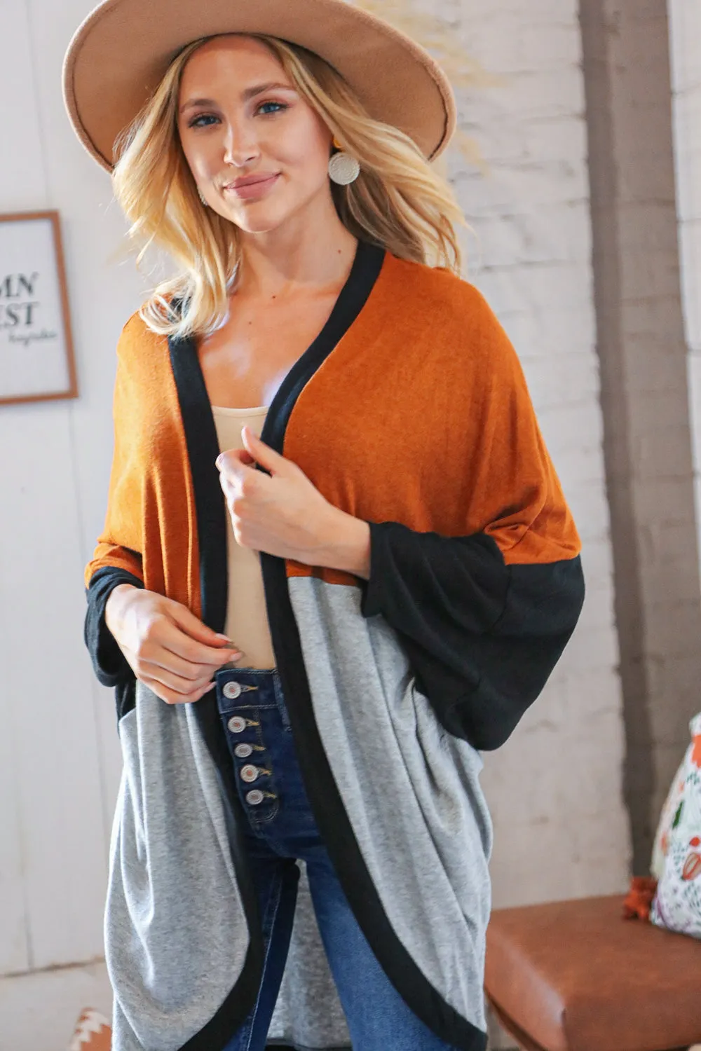 Hacci Color Block Dolman Sleeve Open Cardigan