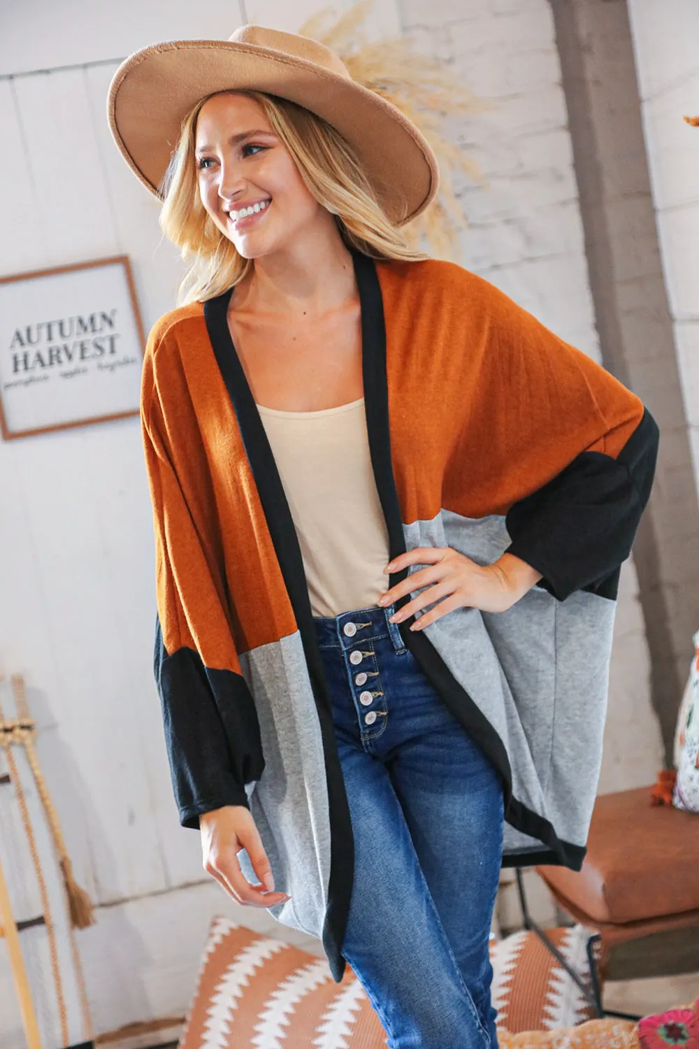 Hacci Color Block Dolman Sleeve Open Cardigan