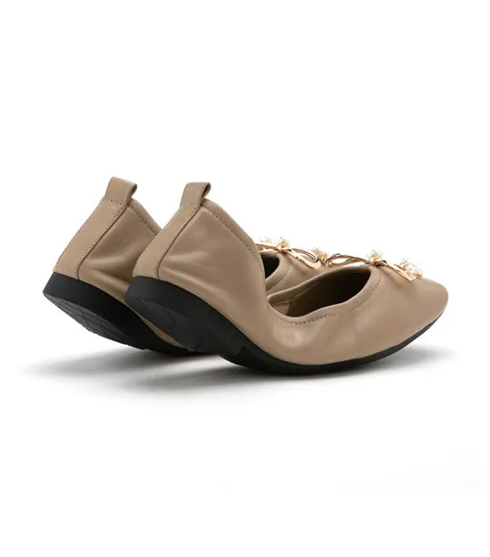 Hailey Foldable Square-Toe Bow Flats Khaki