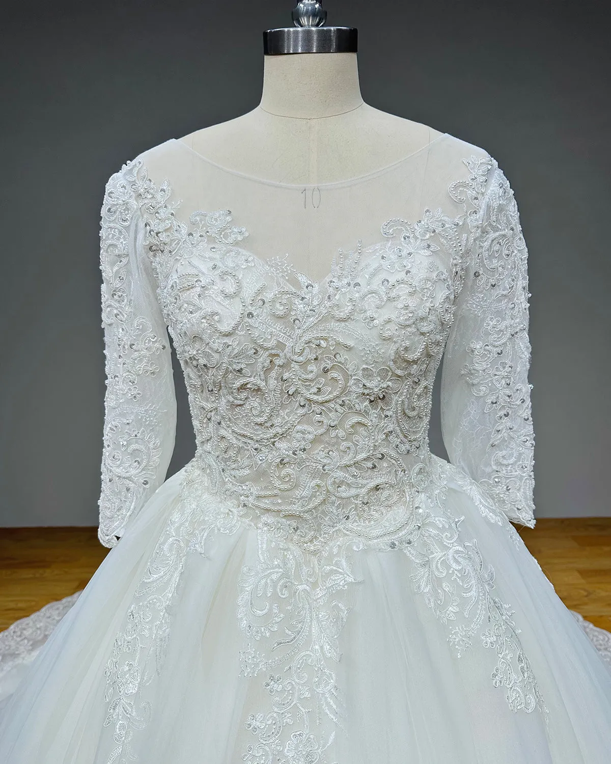 Half Sleeve Ball Gown Wedding Dress with Pearls Appliques and Corset Back