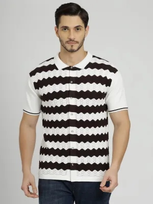 Half Sleeve Men's Knit Shirt - White & Rich Coffee Stripes