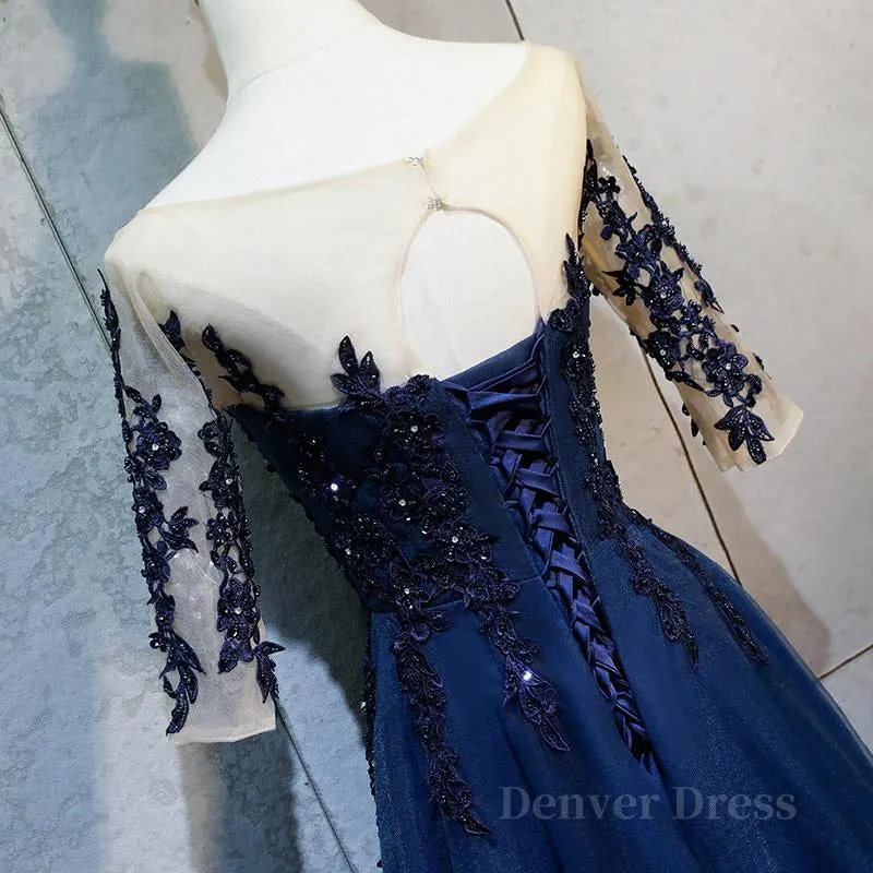 Half Sleeves Navy Blue Long Lace Prom Dresses, Dark Navy Blue Long Lace Formal Bridesmaid Dresses