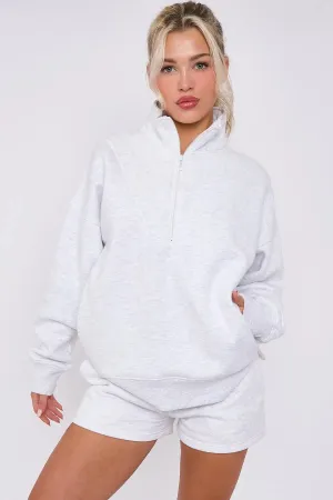 Half Zip Sweat Shirt Top And Shorts Loungewear Set in Fleece