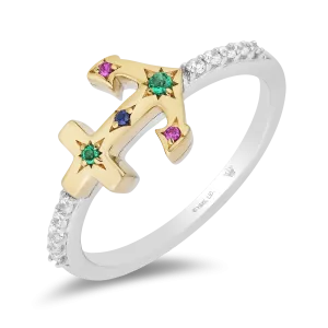 Hallmark Fine Jewelry Rainbow Gemstone Anchor Ring in Sterling Silver & 14K Yellow Gold with Diamonds, Created Ruby, Sapphire, & Emerald