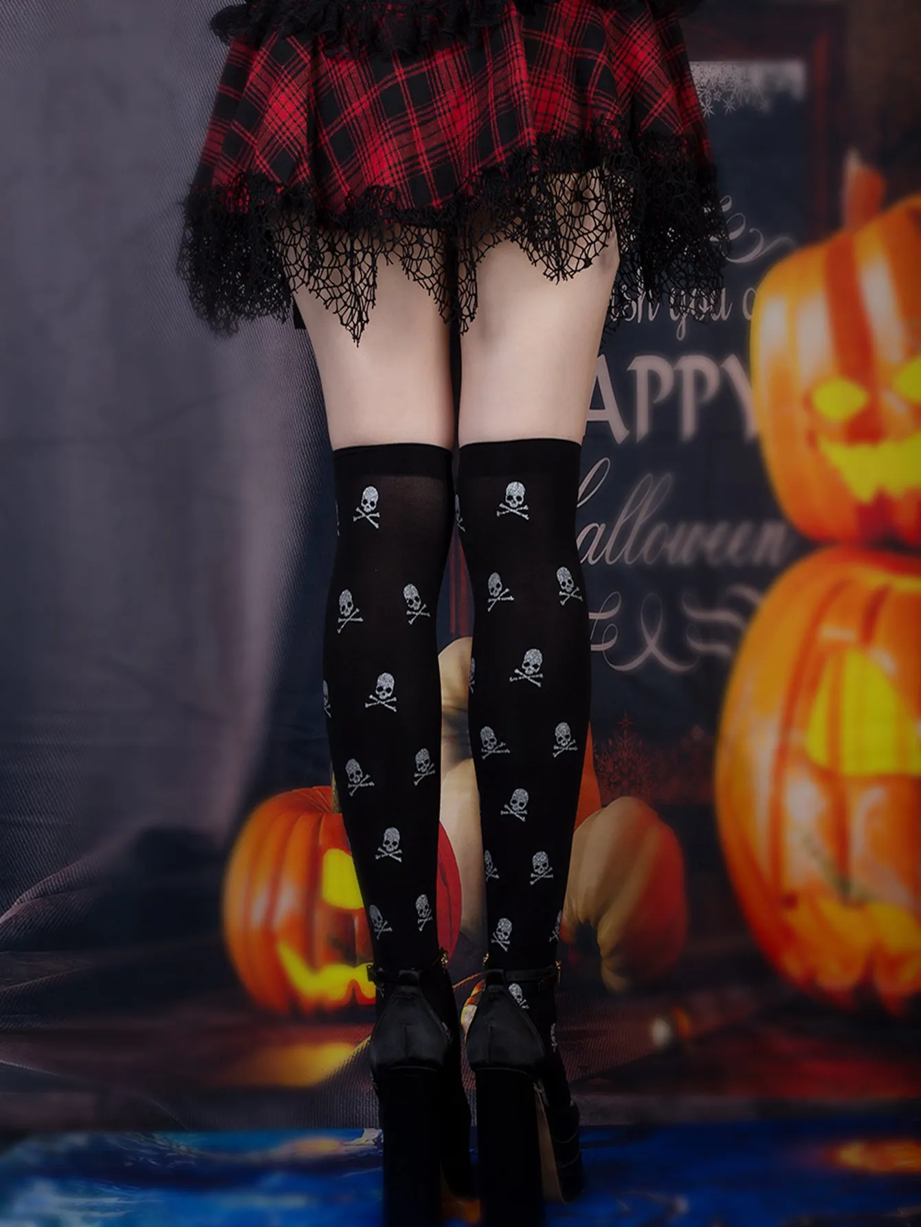 Halloween Black Over-the-knee Printed Skull Thigh High Socks