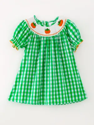 Halloween Green Woven Smocking Embroidered Plaid Dress