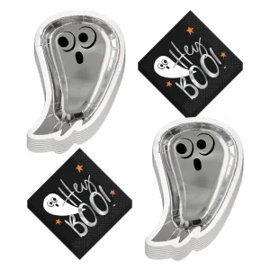 Halloween Party Ghost Shaped Metallic Paper Plates and Hey Boo Napkins (Serves 16)