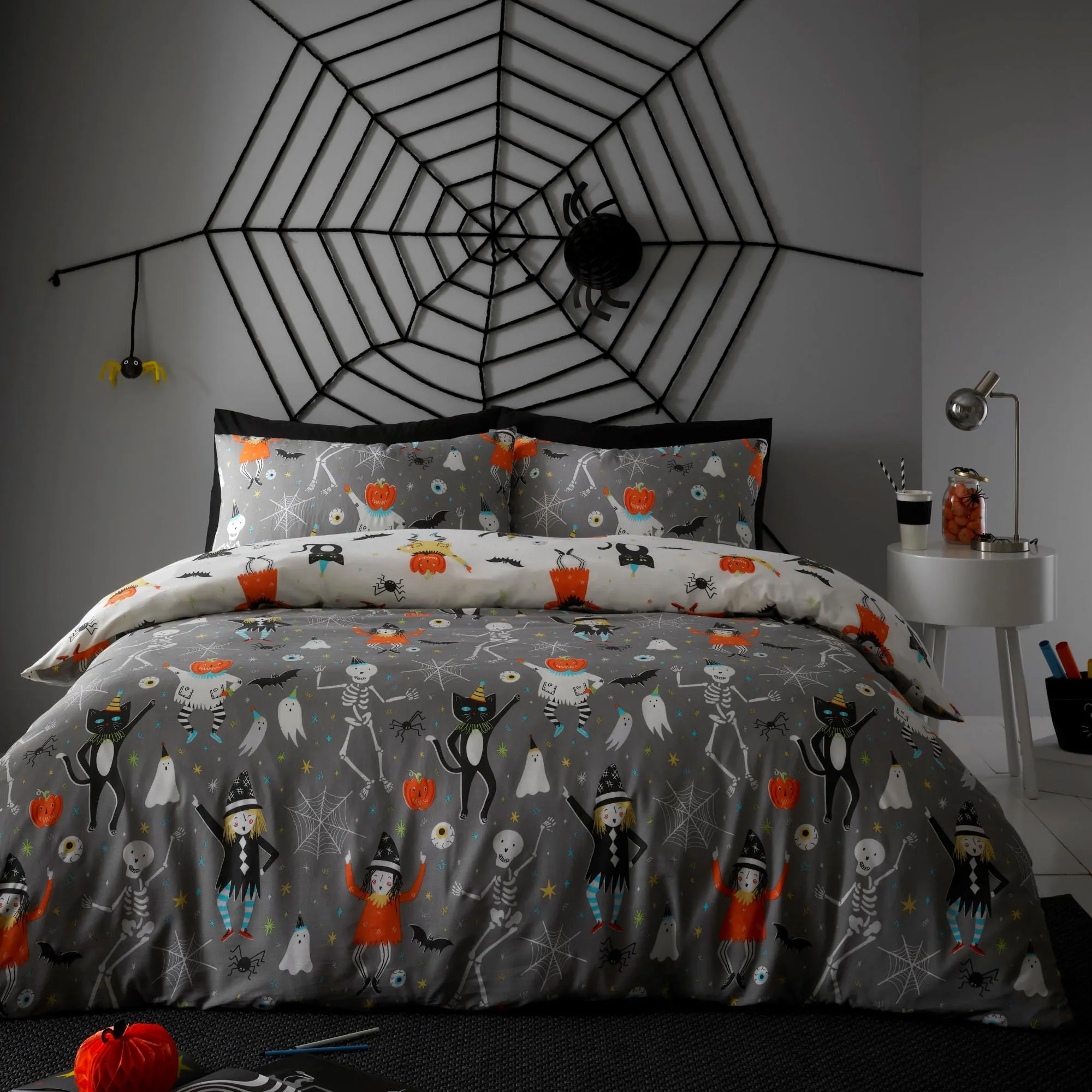 Halloween Party Glow in the Dark Duvet Cover Set by Bedlam in Grey