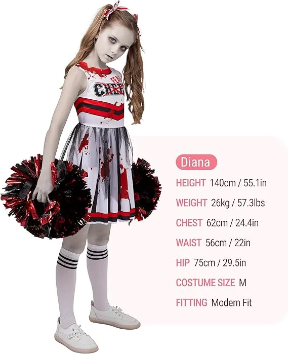 Halloween Zombie Cheerleader Costume for Girls, Red White