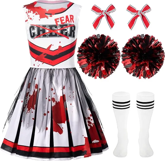 Halloween Zombie Cheerleader Costume for Girls, Red White