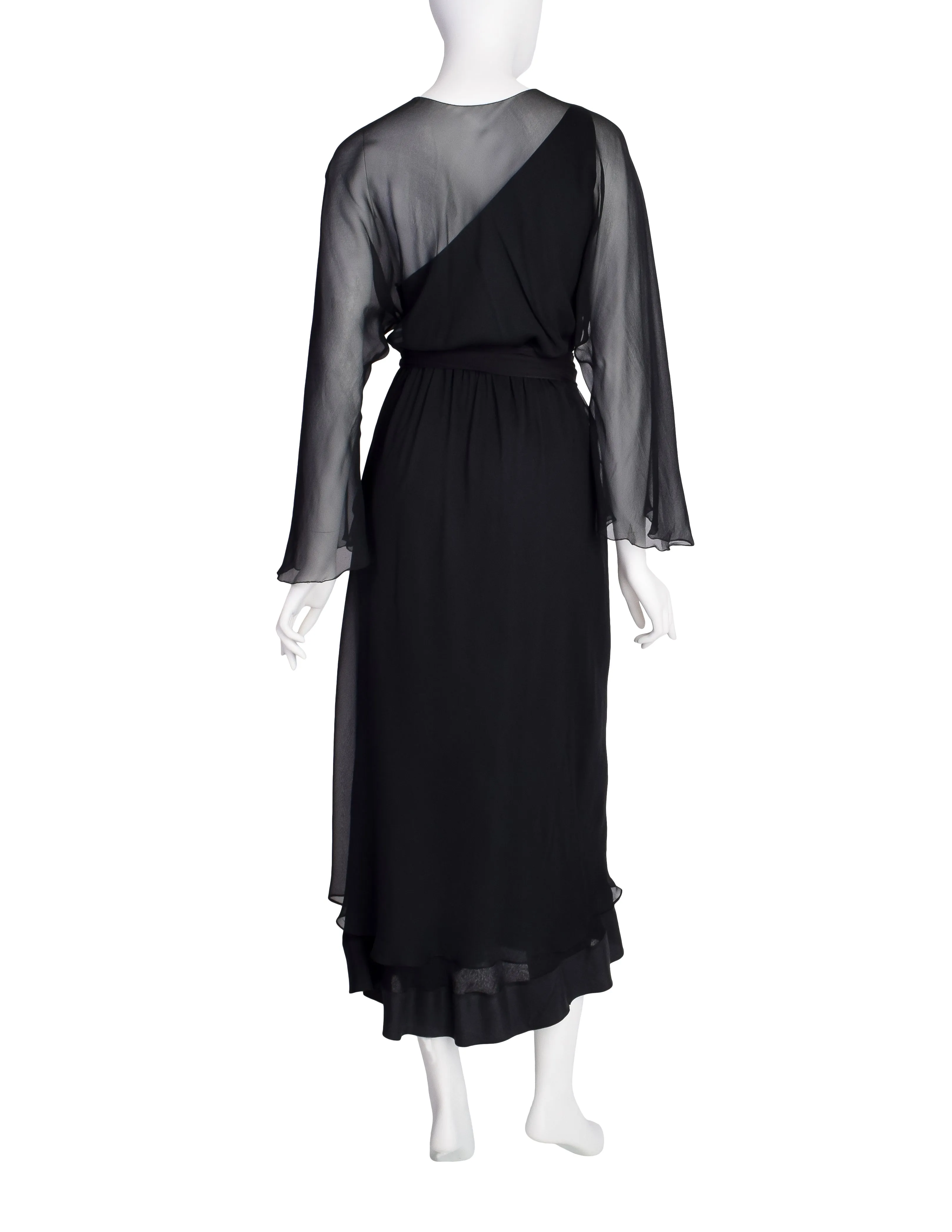 Halston Vintage 1970s Black Silk Chiffon Dress