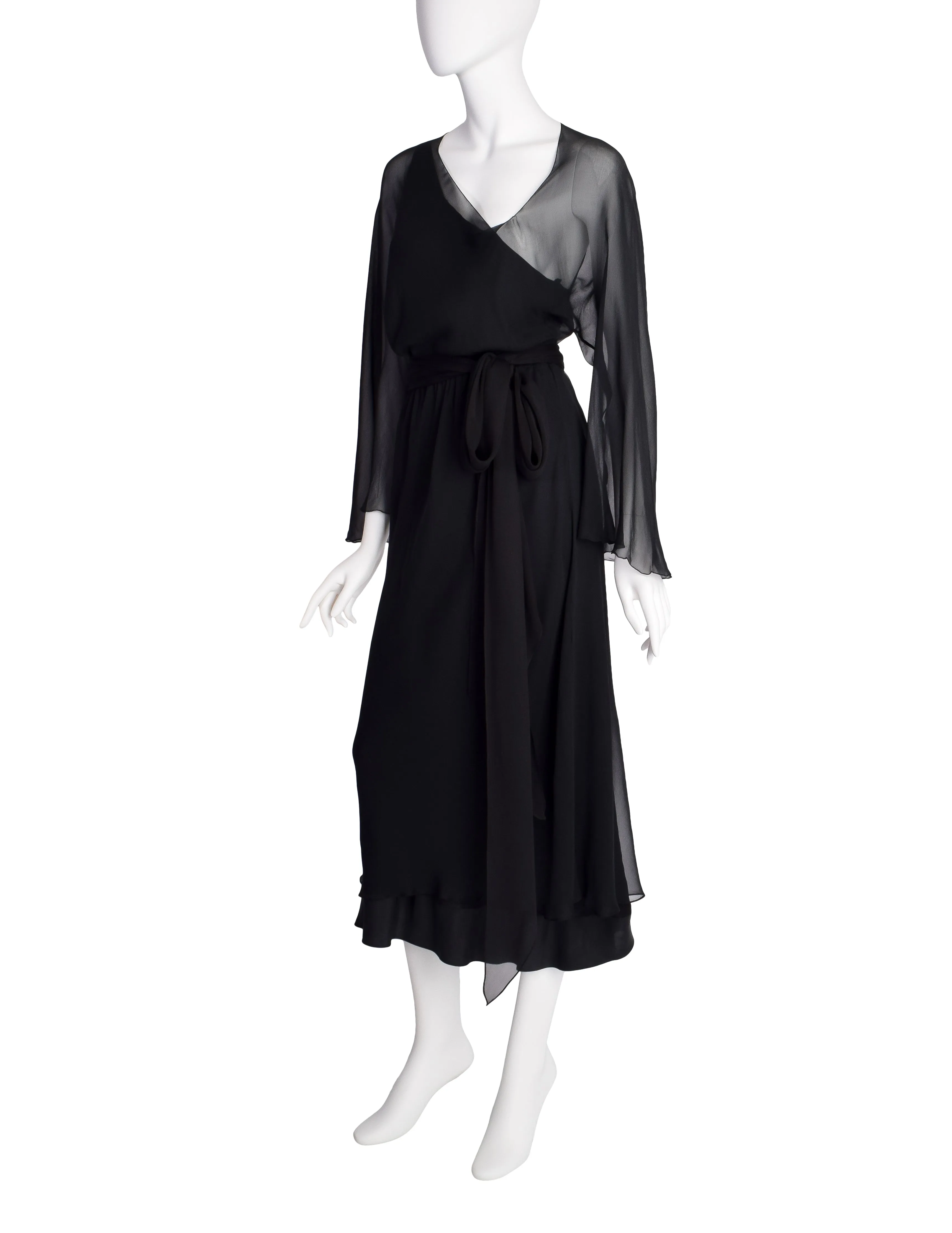 Halston Vintage 1970s Black Silk Chiffon Dress