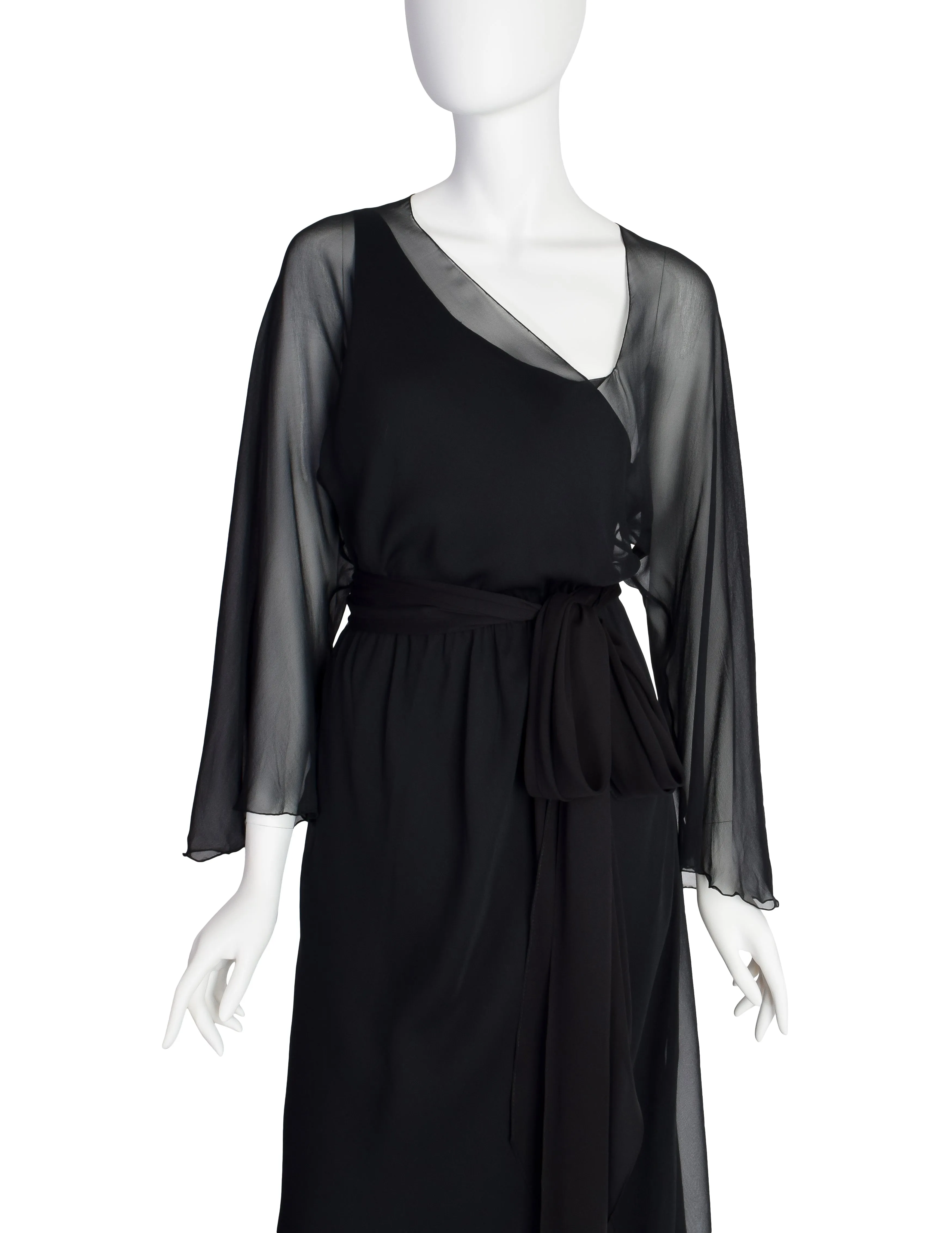 Halston Vintage 1970s Black Silk Chiffon Dress