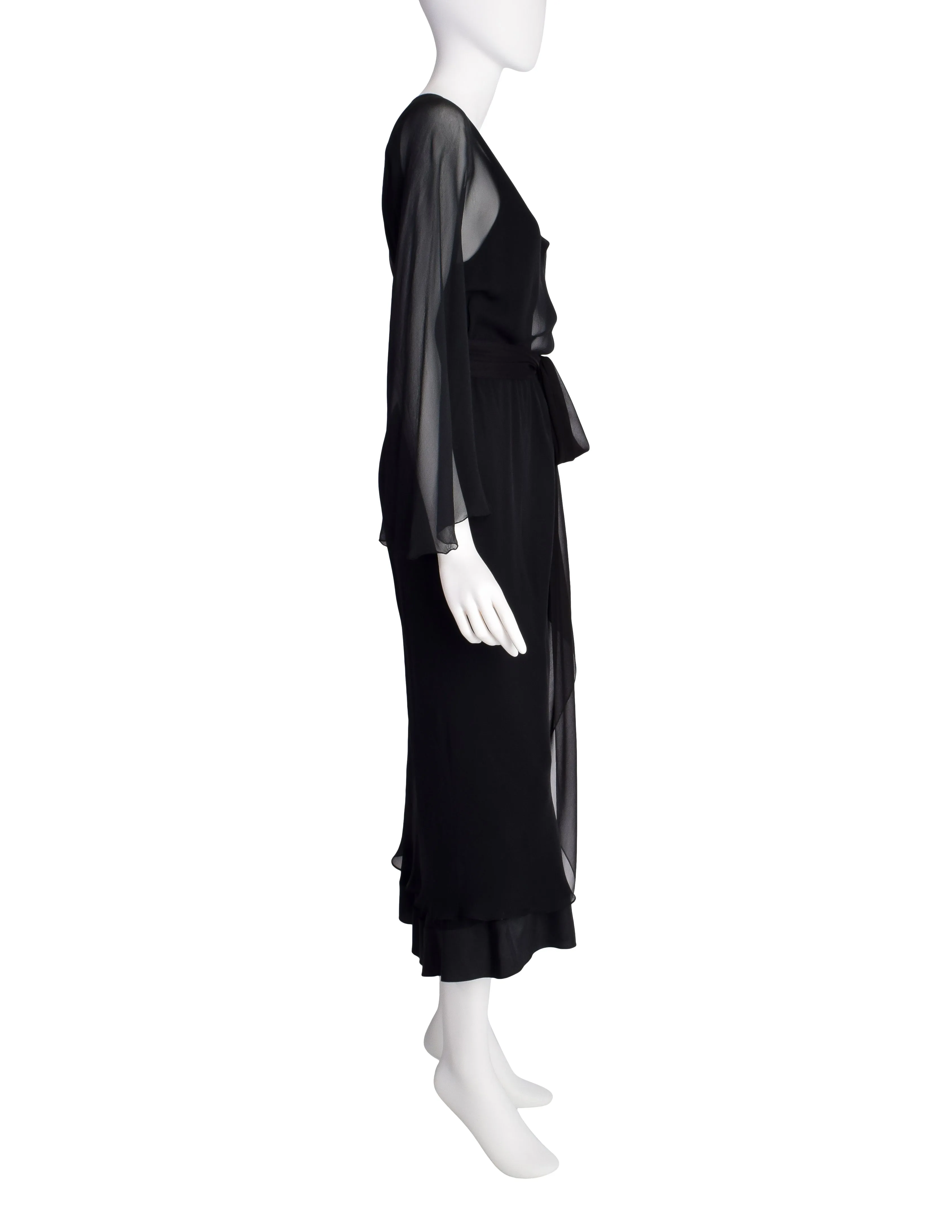 Halston Vintage 1970s Black Silk Chiffon Dress