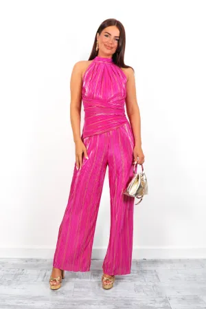 Halter Ego - Fuchsia Gold Halter Neck Plisse Jumpsuit