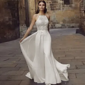 Halter Neck Lace Wedding Jumpsuit with Detachable Train and Chiffon Skirt