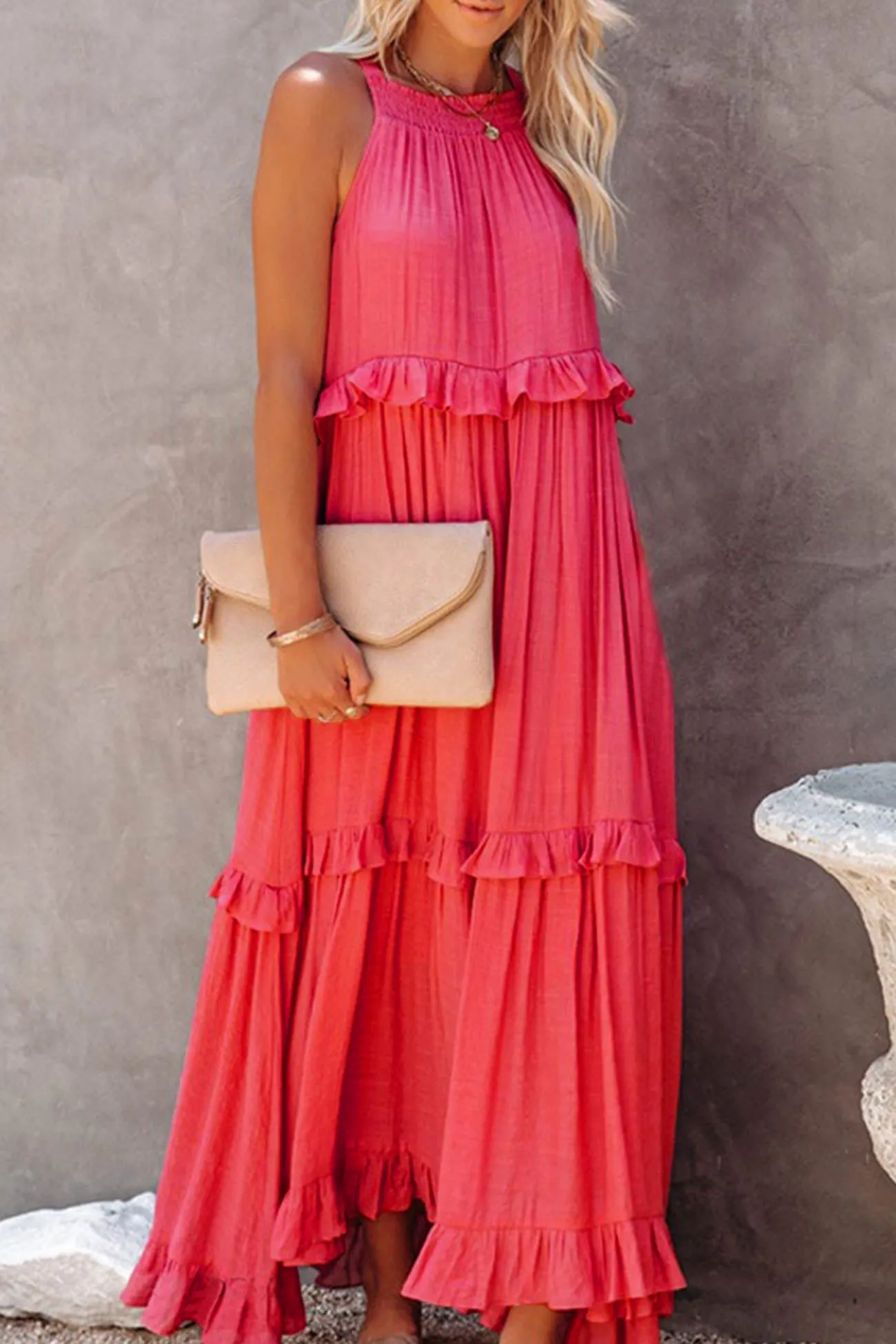 Halter Sleeveless Pleated Tiered Maxi Dress