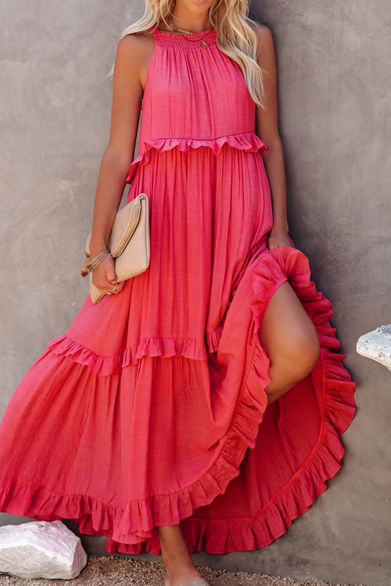 Halter Sleeveless Pleated Tiered Maxi Dress