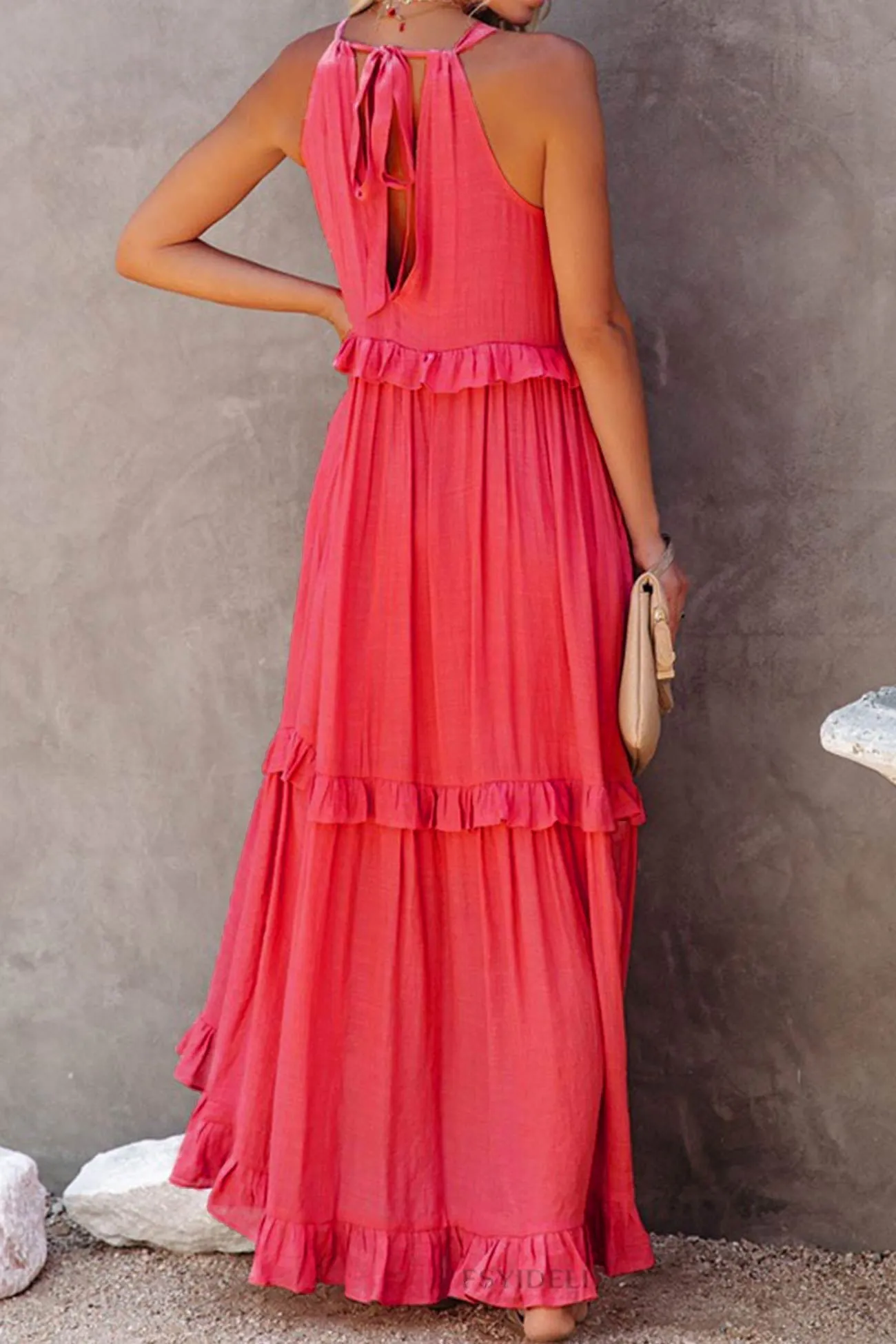 Halter Sleeveless Pleated Tiered Maxi Dress