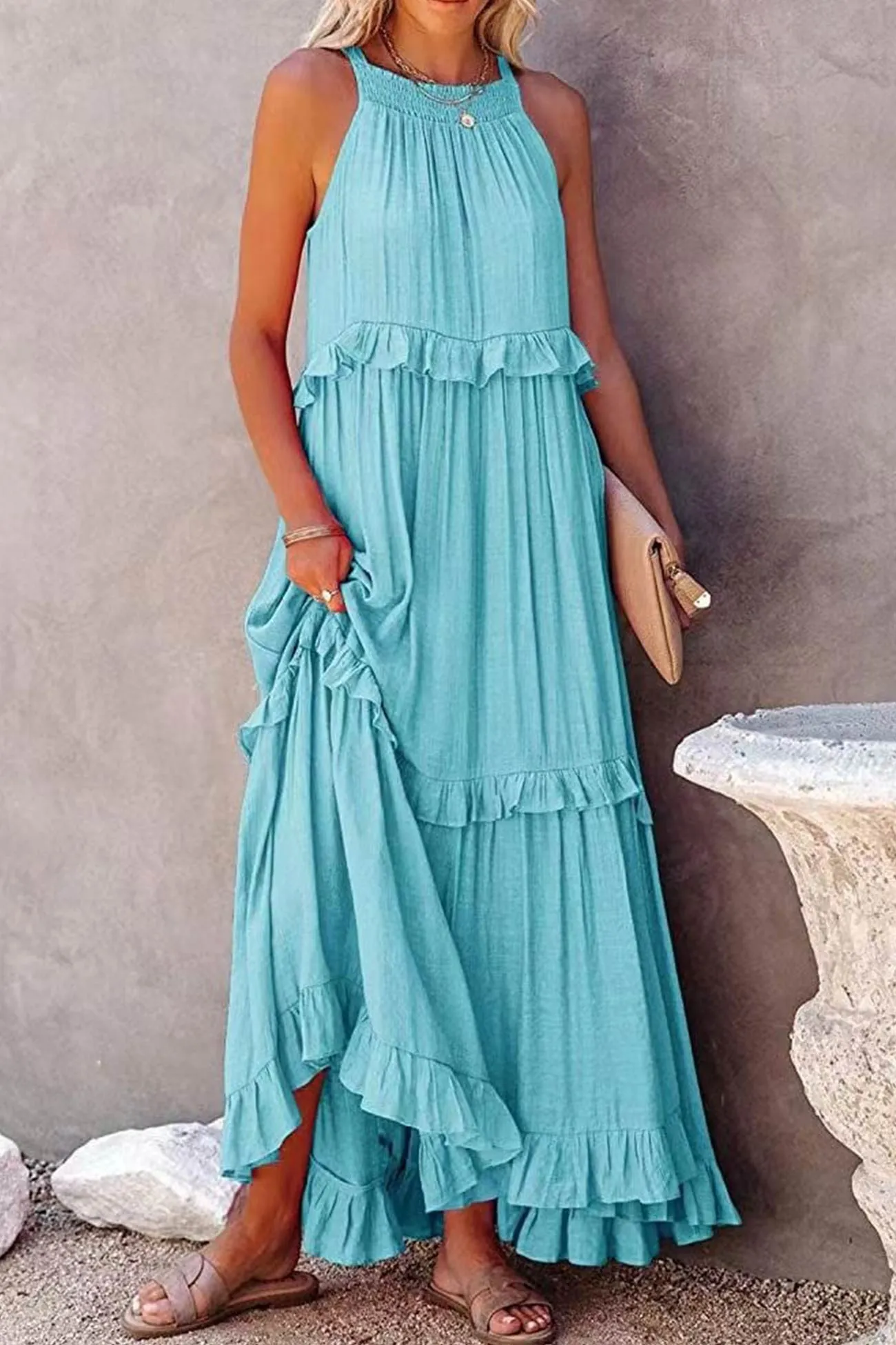 Halter Sleeveless Pleated Tiered Maxi Dress