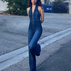 Halterneck Bootcut Stretchy Denim Jumpsuit