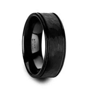 Hammered Finish Black Ceramic Band with Grooves