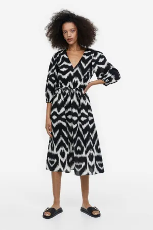 H&M cotton dress with puff sleeves, black/patterned