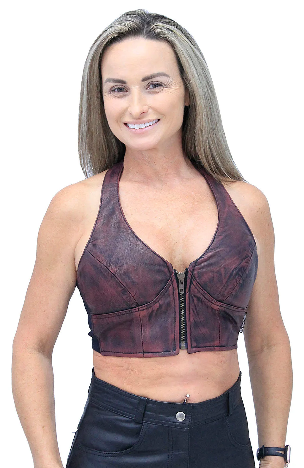 Hand Antiqued Burgundy Red Lambskin Leather Cropped Halter #LH30198R