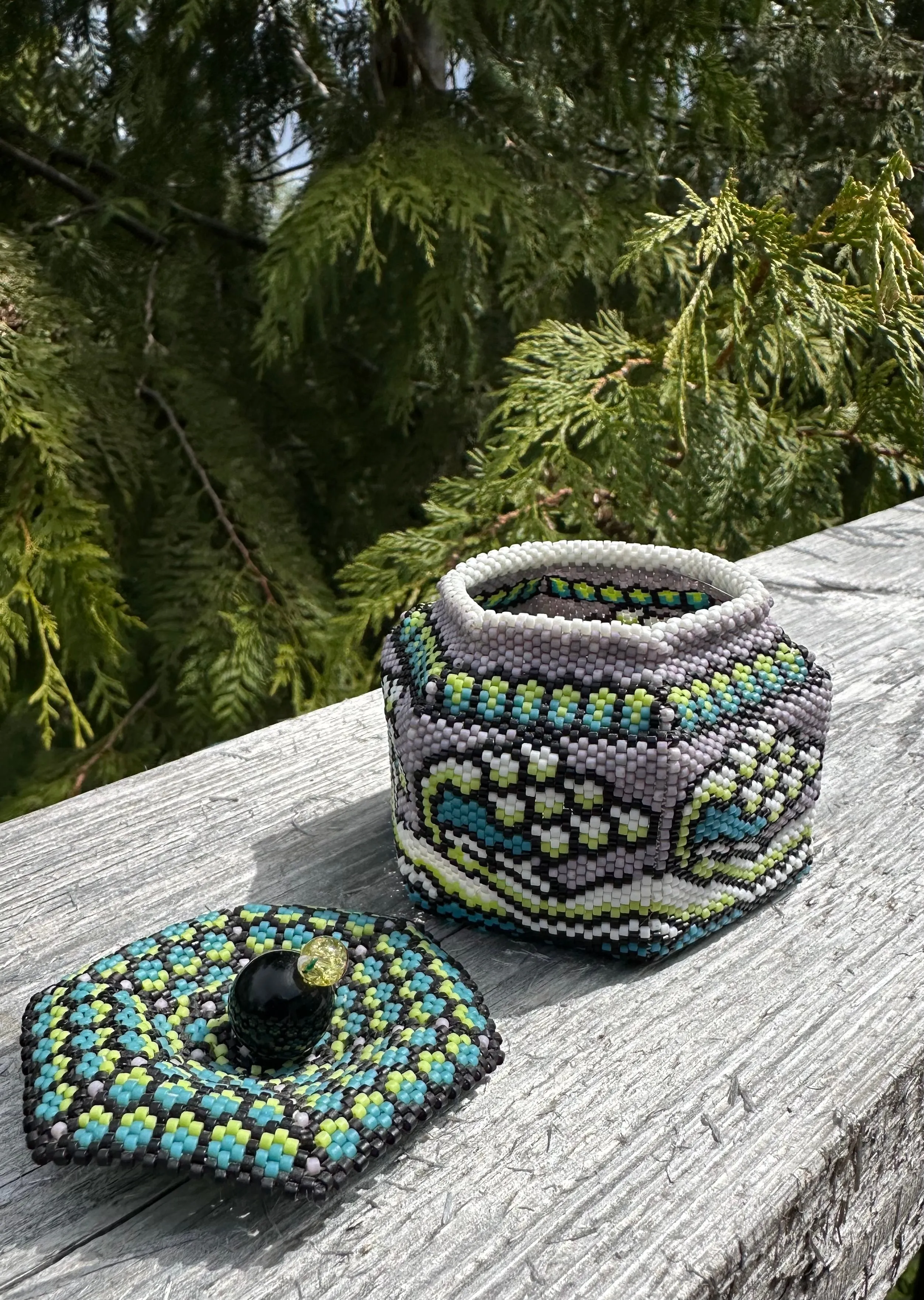 Hand Beaded Boxes With Lids in Four Styles By Paula Lawson of Skidegate